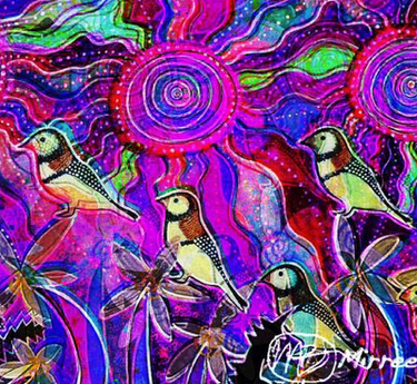 Ancestral Owl Finches Square Painting Girlcee Print by Mirree Contemporary Aboriginal Art